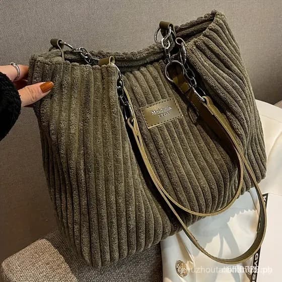 Nova Bolsa de Ombro Simples e Multiuso em Couro Macio com Padrão de Corduroy para Mulheres