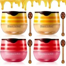 4PCS Bálsamo Labial de Morango e Mel, Máscara Labial Noturna Hidratante com Vitamina E e Própolis, Reduz Eficazmente as