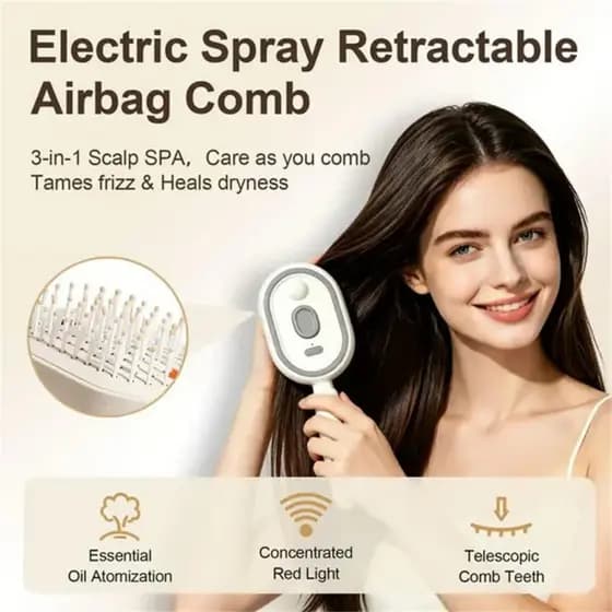 Escova Elétrica com Almofada de Ar, Óleo Essencial e Luz Vermelha, Pente de Massagem, Almofada de Ar Retrátil, Limpeza c