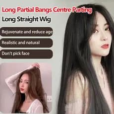 [Cabelo Realista] Middle Part Bangs Long Straight Hair Wigs Feminino/Estilo Coreano/Para Uso Diário