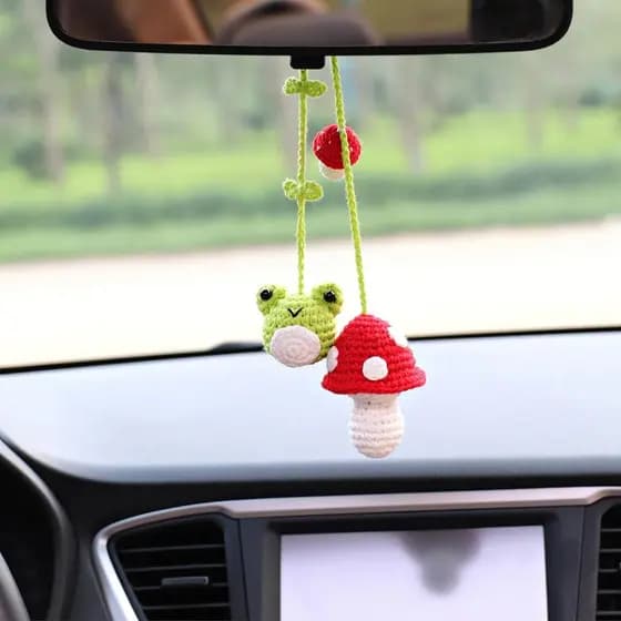 2 Peças de Ornamento de Crochê em Forma de Sapo e Cogumelo, Acessórios para Janela Traseira, Enfeite de Carro Feito à Mã
