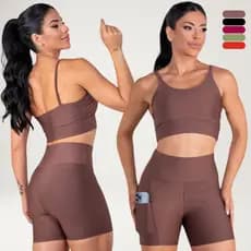 Conjunto Fitness Feminino Top Alça e Short Com Bolso Cintura Alta Treino Academia