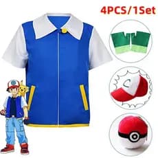 Fantasia de Cosplay de Ash Ketchum 5MQP para Adultos e Crianças, Conjunto de Luvas e Chapéu, Treinador, Moletom de Hallo