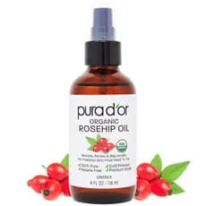 PURA D'OR Óleo de Semente de Rosa Mosqueta ORGÂNICO 4 Oz 100% Puro Prensado a Frio Certificado pelo USDA Antienvelhecime