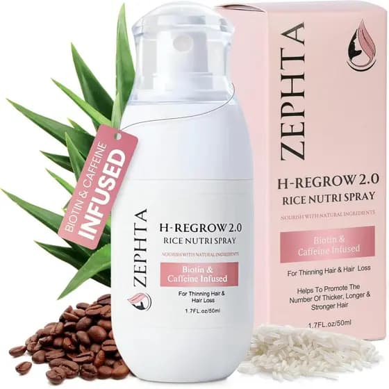 Spray para Crescimento Capilar Zephta H-Regrow – Com Água de Arroz, Biotina, Aloe Vera, Cafeína e Gengibre – Produto par
