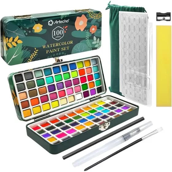 Conjunto de Tintas Aquarela Artecho 100 Cores com Efeito Metálico em Caixa Portátil, Kit de Pintura com Papel Aquarela e
