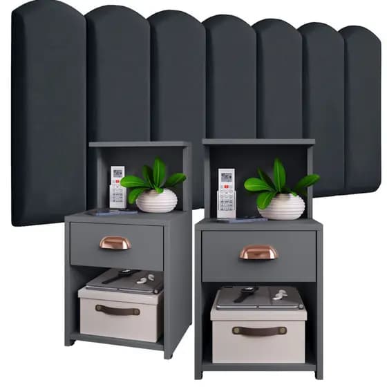 Kit Cabeceira Modular Nuvem e Criado Mudo Cléo com Gaveta e Prateleira. Painel de Cama Box Solteiro/Casal - Cores Varias