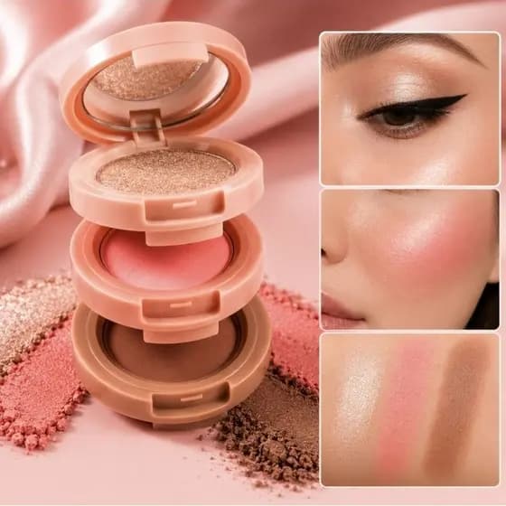 Paleta Blush e Iluminador 3 em 1 com Textura Delicada e Leve