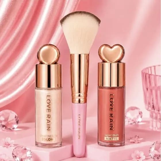 Kit Blush Líquido + Iluminador Líquido + Pincel Kabuki Love Rain Maquiagem Completa