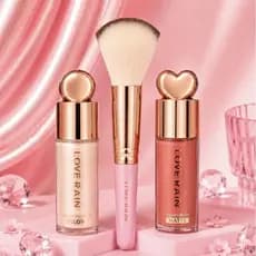 Kit Blush Líquido + Iluminador Líquido + Pincel Kabuki Love Rain Maquiagem Completa