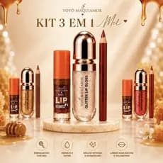 Kit 3 em 1 Lip Oil + Gloss Glitter + Lápis Labial Mel Yoyo Maquiamor Hidratante Volumoso