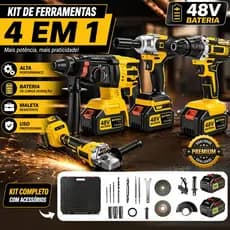Combo Profissional de Ferramentas Sem Fio 48V com Caixa Organizadora: Parafusadeira, Furadeira, Martelo Elétrico e Máqui