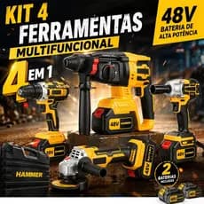 Conjunto de Ferramentas Portáteis 48V com Estojo Plástico - Chave de Impacto, Furadeira de Impacto, Martelete e Esmerilh