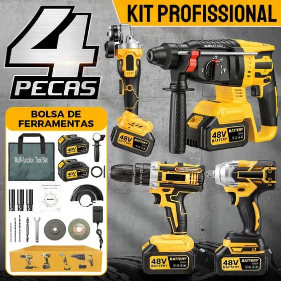 Kit Profissional de Ferramentas 48V Sem Fio com Furadeira, Parafusadeira, 2 Baterias de Lítio e Bolsa Portátil