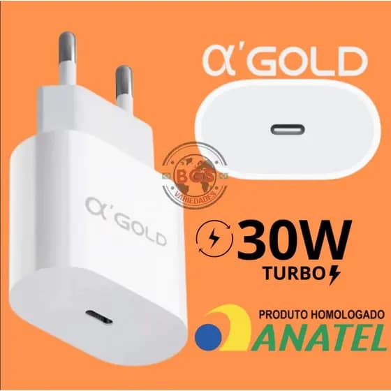 Carregador Turbo PD 30W A’Gold Original USB-C iPhone Android Anatel CA31 Carga Rápida