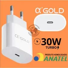 Carregador Turbo PD 30W A’Gold Original USB-C iPhone Android Anatel CA31 Carga Rápida