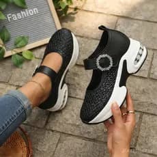 Sapatos Mary Jane Femininos de Sola Grossa, Sandálias, Sapatos Casuais com Salto Interno, Tênis com Fivela de Strass, Re