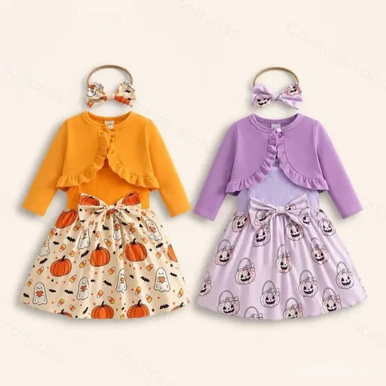 Conjunto de três peças de inverno para meninas, com tiara, vestido de manga comprida de veludo com estampa de abóbora de