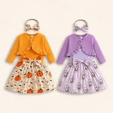 Conjunto de três peças de inverno para meninas, com tiara, vestido de manga comprida de veludo com estampa de abóbora de