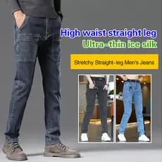 Calça jeans masculina de verão, fina, com seis bolsos, stretch, perna curta, estilo casual e reta.