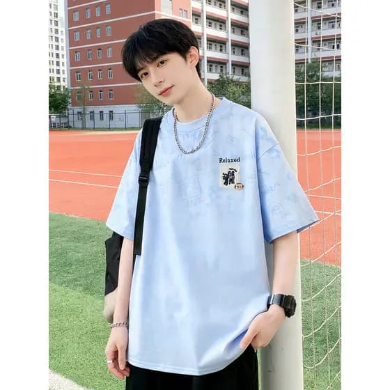 Verão de manga curta camiseta masculina em torno do pescoço solto impresso camisa masculina estilo jovem All-Match Casua