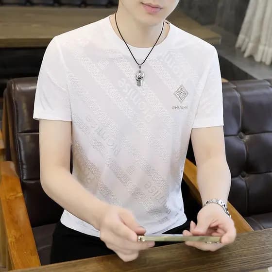 Camiseta masculina de manga curta solta gelo seda rua Wear High-End branco roupas masculinas tamanho grande Casual camis