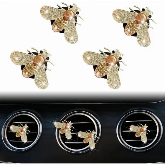 4 clipes de ventilação com designs de abelhas brilhantes, aromatizador de ar para carro em formato de abelha de cristal.