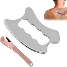 Conjunto de massagem dois em um de aço inoxidável, faca de fáscia + mini ferramenta de gua sha cosmética, usado para cor