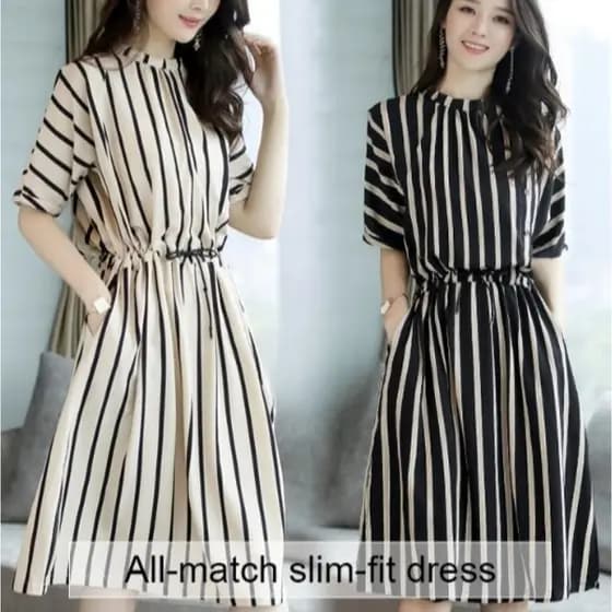 [Elegância Confortável] Vestido Listrado Feminino - Moda Coreana/Estilo Casual/Para Escritório e Passeio
