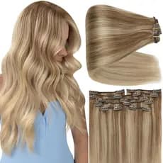Extensões de cabelo com clipes Full Shine de 22 polegadas, loiro sujo com mechas douradas, extensões de cabelo humano re