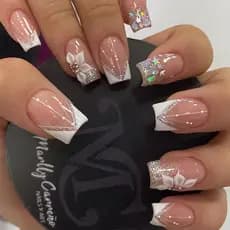 Conjunto de 24 unhas postiças curtas e quadradas, unhas postiças com ponta francesa, padrão floral branco e estrelas com