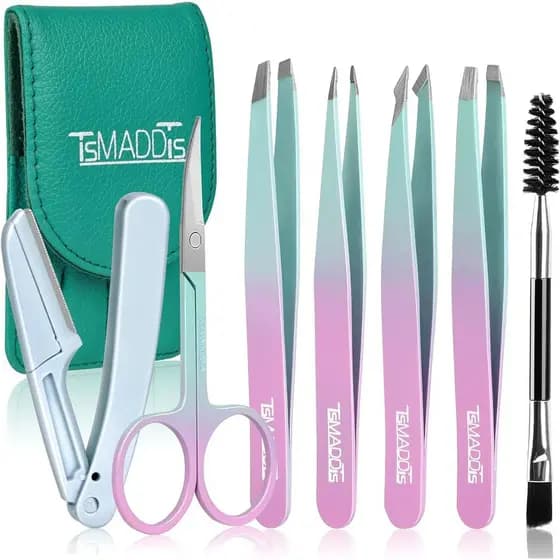 Conjunto de 7 Pinças TADDTs para Mulheres, Pinças de Precisão para Sobrancelhas com Tesoura Curva e Lâmina para Cabelos