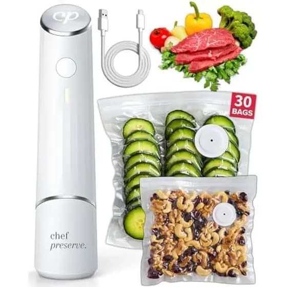 Máquina compacta de selagem a vácuo para alimentos Chef Preserve (máquina seladora a vácuo + 30 sacos a vácuo reutilizáv