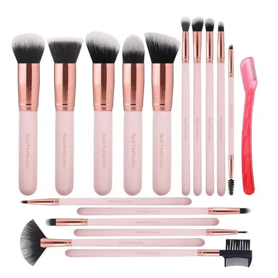 Conjunto de Pincéis de Maquiagem Real Perfection 16 Peças com 1 Lâmina para Sobrancelhas, Pincéis de Maquiagem Premium S