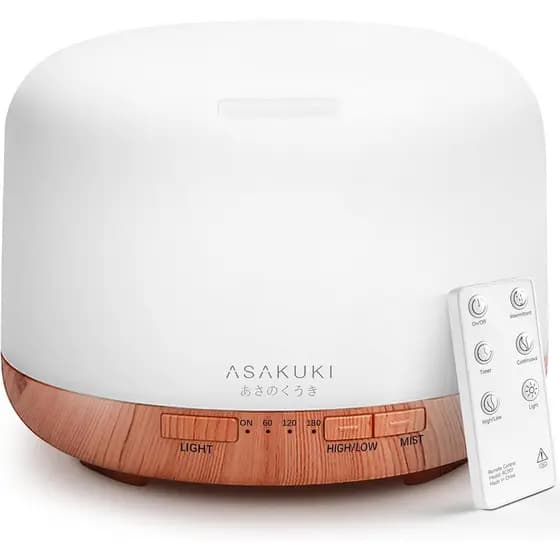 Difusor de Óleos Essenciais ASAKUKI 500ml, Umidificador de Aromaterapia Ultrassônico com Controle Remoto, 7 Cores LED, T