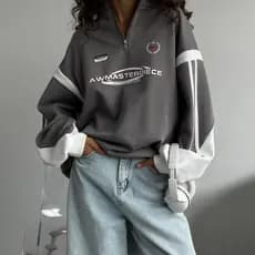 Americano Retro meio zíper gola jaqueta street Wear rua Popular carta impressão contraste cor esportes moletom feminino