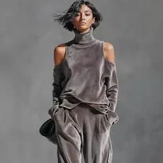 Europeu americano outono inverno moda feminina Casual terno esportivo coreano veludo manga comprida cor sólida gola alta