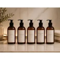 Kit Completo Premium – 5 Frascos de Shampoo, Condicionador, Sabonete, Sabonete para Mãos e Álcool Gel