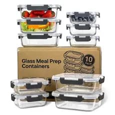 Conjunto de 10 Recipientes de Vidro para Armazenamento de Alimentos, Sem BPA e à Prova de Vazamentos, com Tampas Herméti