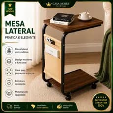 Mesa Lateral com Rodas Carrinho Auxiliar Multiuso Mesa Auxiliar com Estrutura Metálica e Tampo Amadeirado
