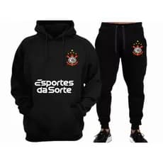 Conjunto Moletom Adulto Blusa de Frio Canguru Unissex Kit Blusa e Calça Moletom Torcedor Corinthians