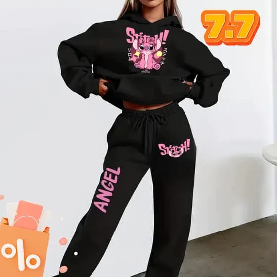 Conjunto Moletom Tradicional Feminino Inverno Blusa Canguru E Calça Moletom Lilo Stitch Angel Rosa Blue Fofo Cartoon