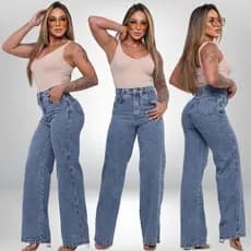 Calça Jeans Feminina Wide Leg Pantalona Marmorizada Cintura Alta 100% Algodão Premium