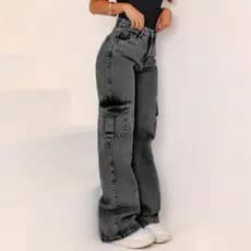 Calça Jeans feminina Wide Leg Marmorizada Pantalona boca larga - cintura alta premium