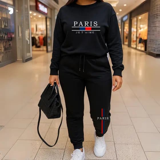 Conjunto Feminino Moletom Gola E Calça Moletom Paris Moda Gringa Casual Algodão
