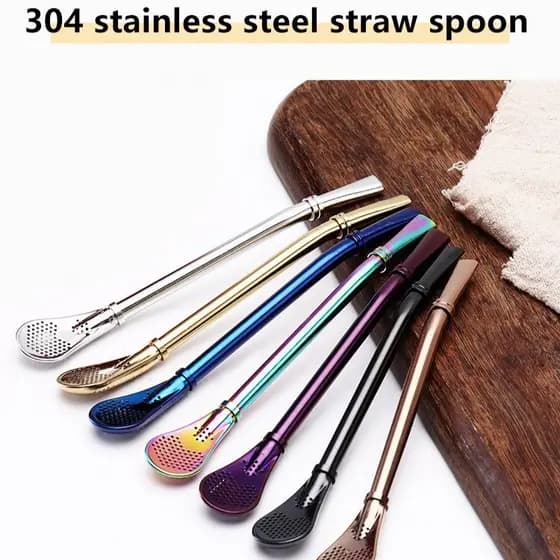 【Prático Para Viagem】2-In-1 Straw Spoon Reutilizável/Portátil/Colher Canudo/Para Bebidas E Sobremesas
