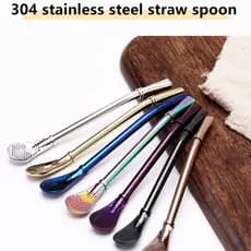 【Prático Para Viagem】2-In-1 Straw Spoon Reutilizável/Portátil/Colher Canudo/Para Bebidas E Sobremesas