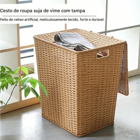 Cesto de roupa suja de vime tecido à mão de alta qualidade e grande capacidade com tampa. Caixa de armazenamento à prova