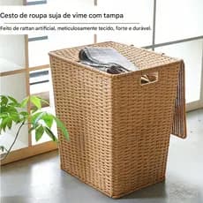 Cesto de roupa suja de vime tecido à mão de alta qualidade e grande capacidade com tampa. Caixa de armazenamento à prova