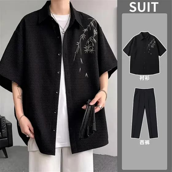 Novo estilo chinês camisa bordada de bambu masculina manga curta lapela solta não-ferro Waffle estilo chinês conjunto de